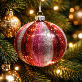 Baker Street Christmas Collection RED PINK AND SILVER 8CM GLASS BAUBLE