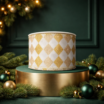 Baker Street Christmas Gold and white diamond detail 6cm 5 yards