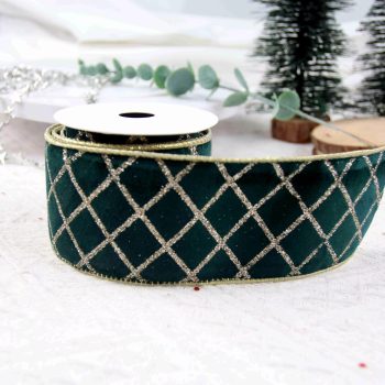 Baker Street Christmas Green velvet  Dimond wired ribbon 6cm 5 yards