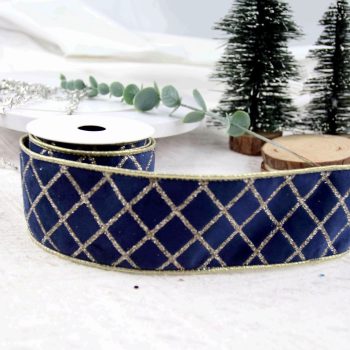Baker Street Christmas Blue velvet  Dimond wired ribbon 6cm 5 yards