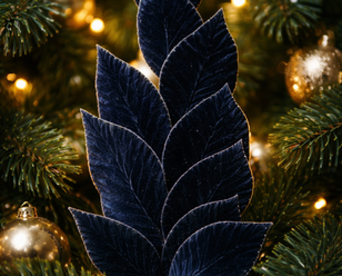 Baker Street Christmas Velvet leaf branch dark blue glitter edged